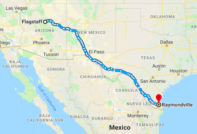 Map Flagstaff AZ to Raymondville TX